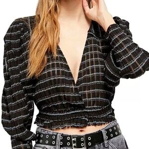 Free People Black Plaid Blouse